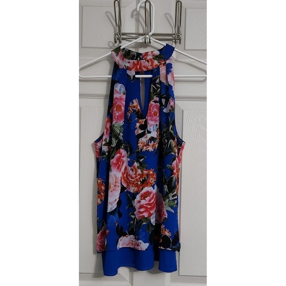 Rose + Olive Tops - Rose Olive Blue Floral Keyhole Halter Neck Sleeveless Layered Top Womens Med C45